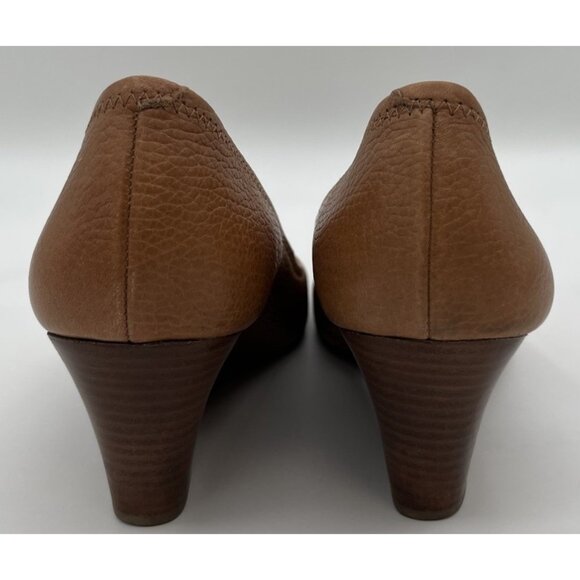 Tory Burch Brown Leather Sally Wedge Gold Logo Peep Toe Pump Women Size 10M - Picture 4 of 10